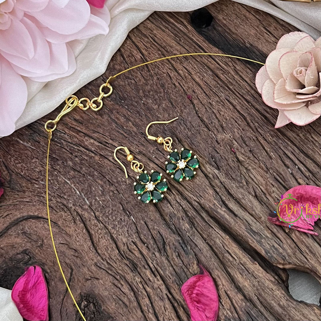 Vriksham Flower Pendant Invisible Chain Neckpiece-Green-G18424