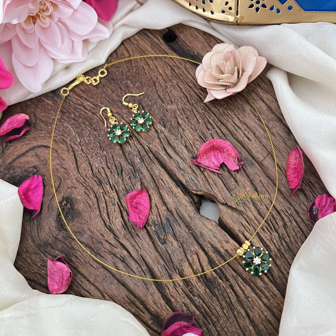 Vriksham Flower Pendant Invisible Chain Neckpiece-Green-G18424