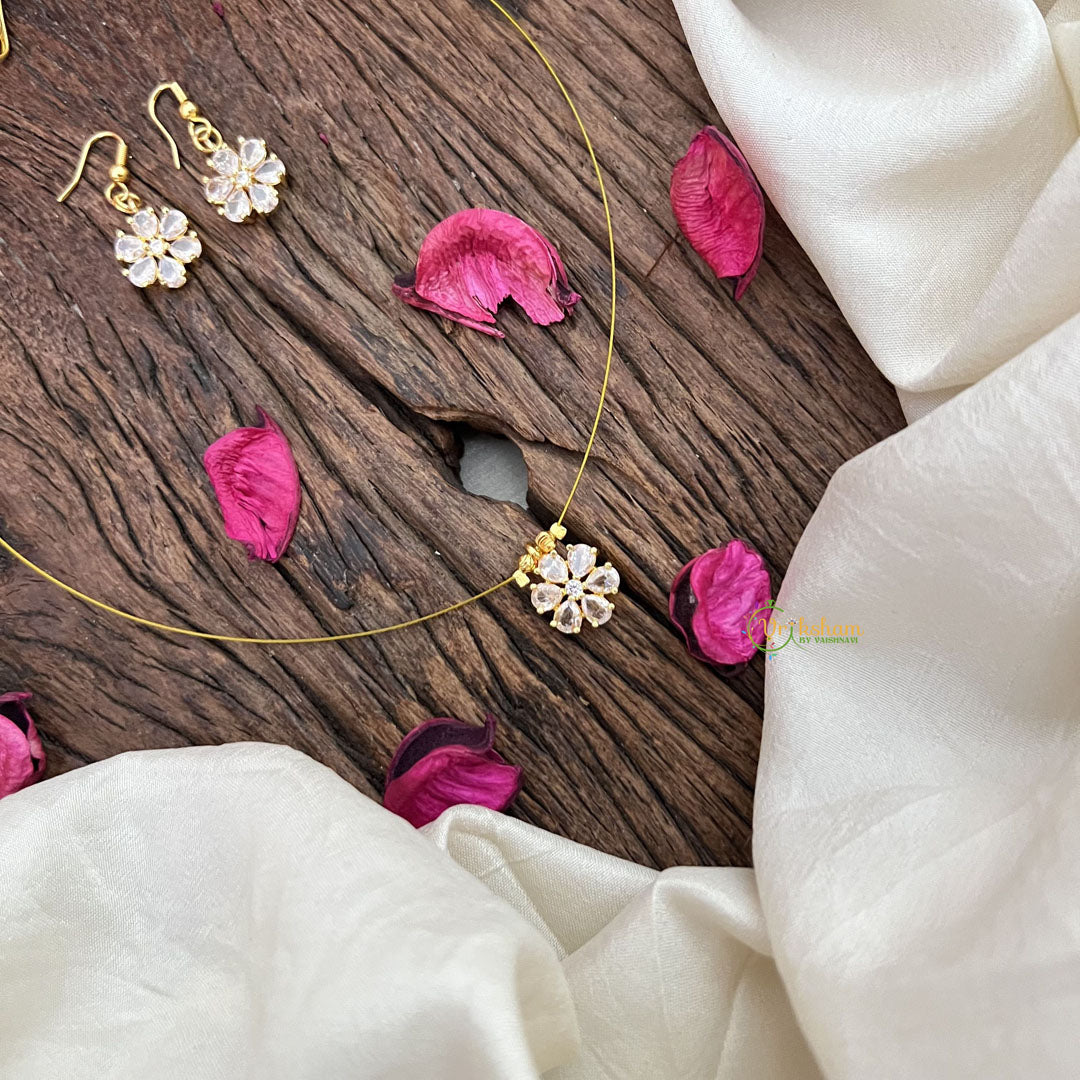 Vriksham Flower Pendant Invisible Chain Neckpiece-White-G18425