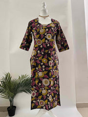 Vriksham Vintage Charcoal Black Floral Mustard Yellow Kalamkari Kurti-VS5072