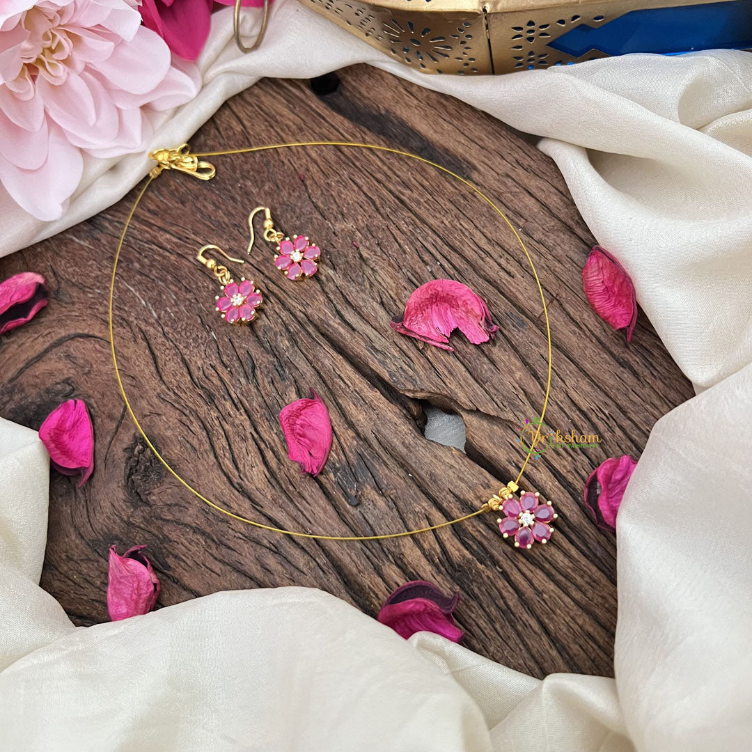 Vriksham Flower Pendant Invisible Chain Neckpiece-Pink-G18426