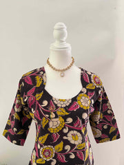 Vriksham Vintage Charcoal Black Floral Mustard Yellow Kalamkari Kurti-VS5072