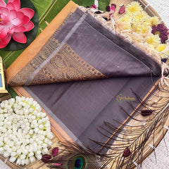 Vriksham Golden Orange Squared Design With Gadwal Grey Border Semi Soft Silk Saree-VS4880