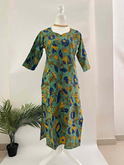 Vriksham Artisanal Seafoam Pen-Work With Floral Bloom Motifs Kalamkari Kurti-VS5071