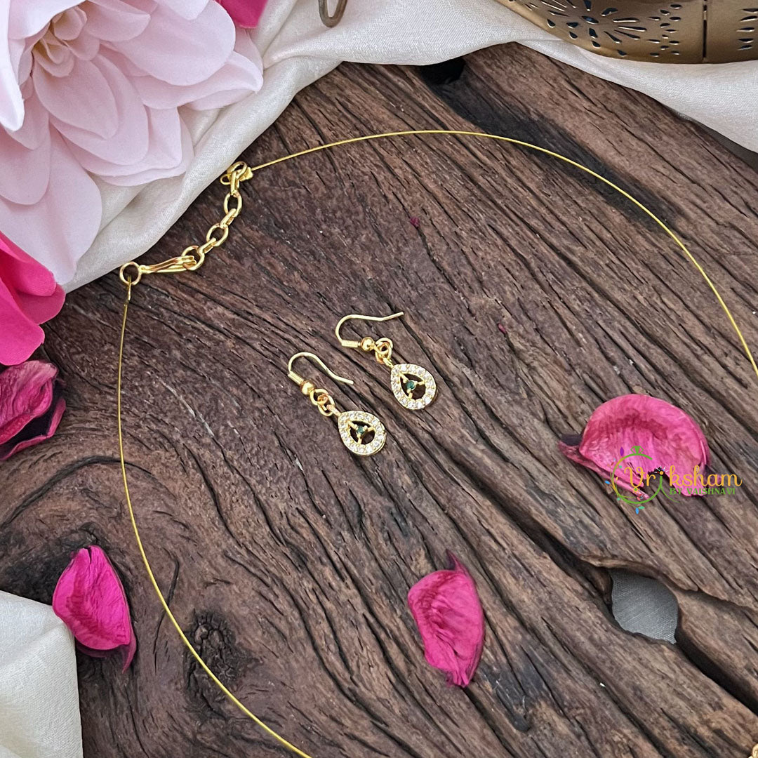 Vriksham 3 Tear Drop Pendant Invisible Chain Neckpiece-White Green-G18431