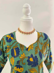 Vriksham Artisanal Seafoam Pen-Work With Floral Bloom Motifs Kalamkari Kurti-VS5071