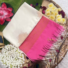 Vriksham White Squared Design With Gadwal Pink Border Semi Soft Silk Saree-VS4881