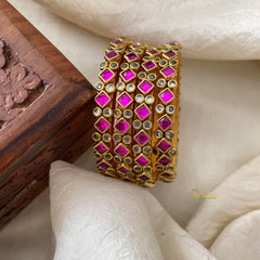 2 Line Pink Kids Silk Thread Kundan Bangle-Diamond Cut-G12297