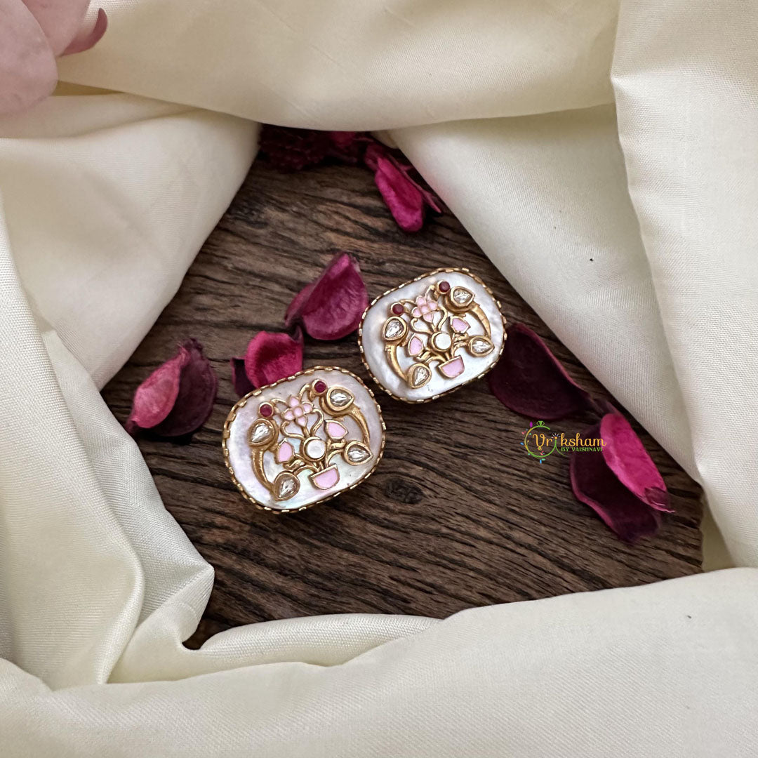 Vriksham Floral & Dual Parrot Natural Jadau Stone Studs-White-G16108