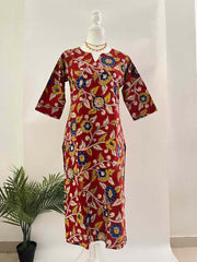 Vriksham Ruby Vine & Blue Floral Hand-Painted Style Kalamkari Cotton Kurti-VS5075