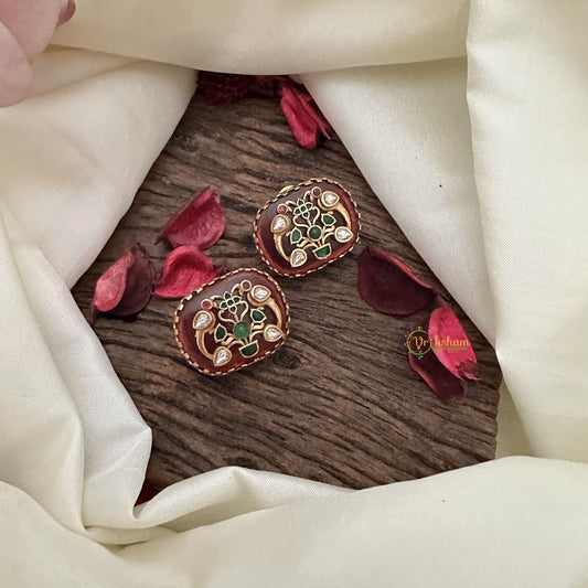 Vriksham Floral & Dual Parrot Natural Jadau Stone Studs-Red-G16110