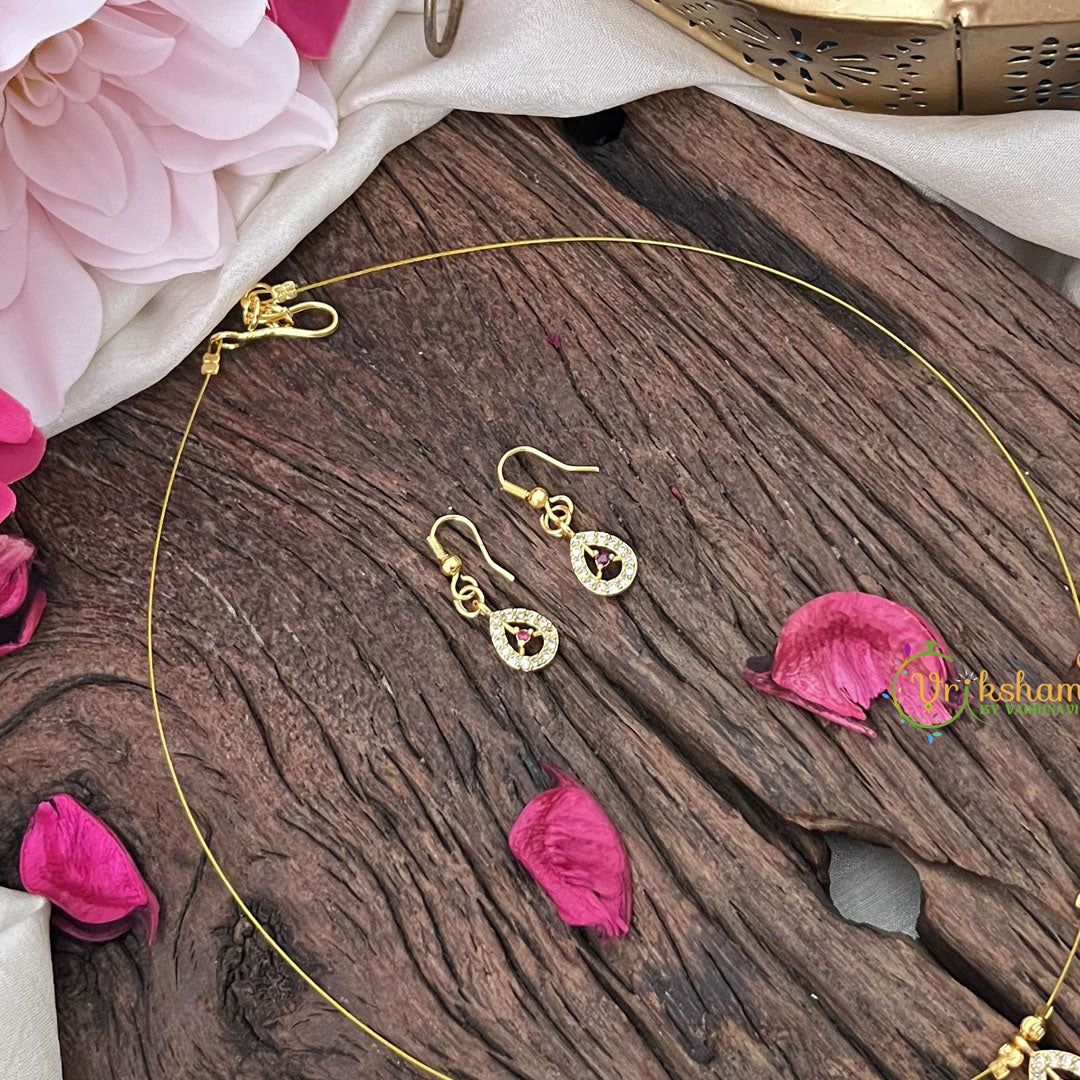 Vriksham 5 Tear Drop Pendant Invisible Chain Neckpiece-White Red-G18433