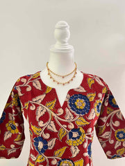 Vriksham Ruby Vine & Blue Floral Hand-Painted Style Kalamkari Cotton Kurti-VS5075