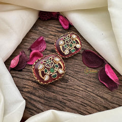 Vriksham Floral & Dual Parrot Natural Jadau Stone Studs-Red-G16110