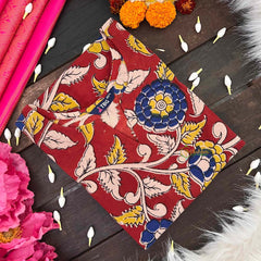 Vriksham Ruby Vine & Blue Floral Hand-Painted Style Kalamkari Cotton Kurti-VS5075