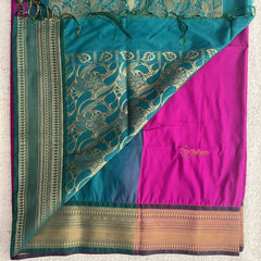 Vriksham Rani Pink With Leaf Golden Butta & Zari Work Teel Blue Border Semi Soft Silk Saree-VS4895