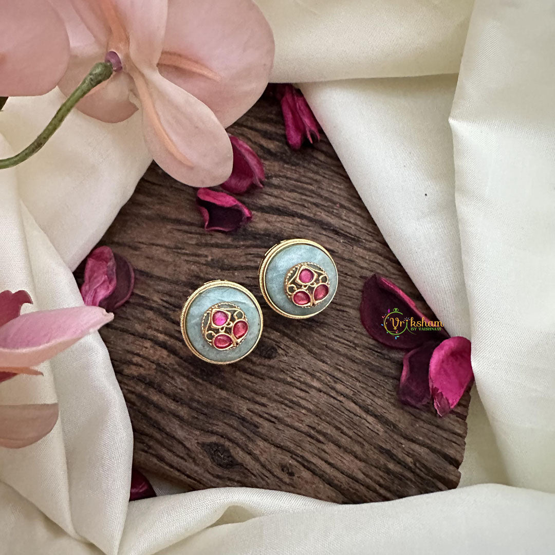 Vriksham Premium Round Natural Jadau Stone Studs-Sea Blue-G16104