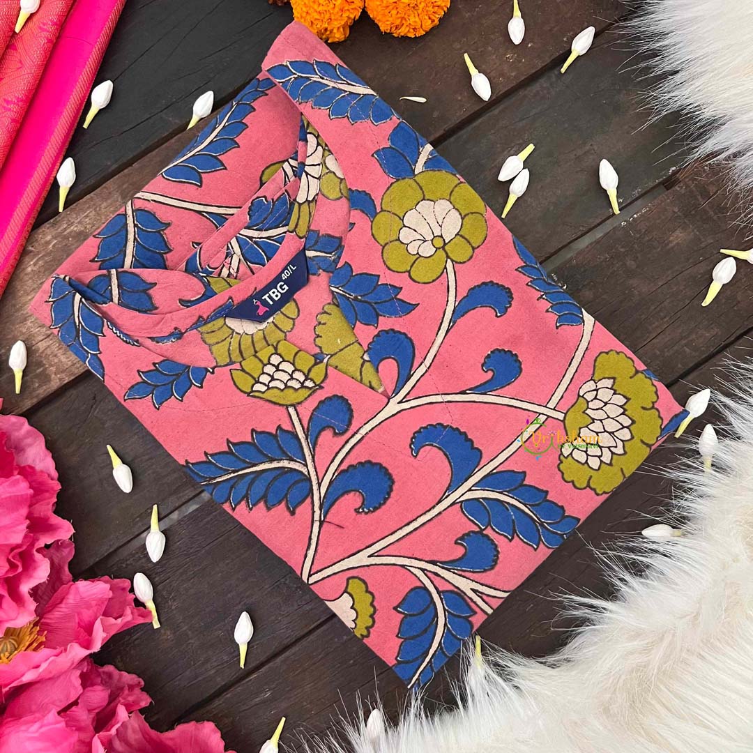 Vriksham Elegant Rose Pink & Blue Floral Vine Hand-Painted Kalamkari Cotton Kurti-VS5067