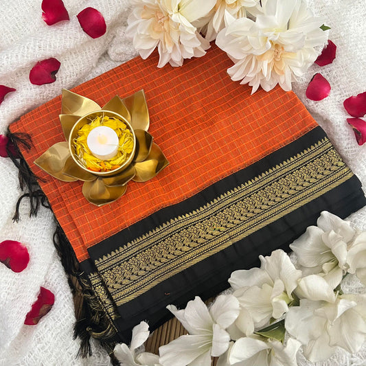 Orange With Black Border-Vairaoosi Podi Kattam- Kalyani Cotton Saree - VS3442