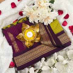 Olive With Voilet Border-Vairaoosi Podi Kattam-Kalyani Cotton Saree - VS3445