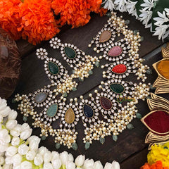 Vriksham Victorian AD Zircon Festive Rainbow Stone & Pearl ,Green Bead Cluster Guttapusalu Short Neckpiece-VV2024