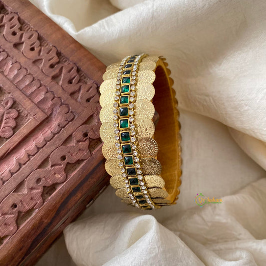 Lakshmi Coin Silk Thread Kundan Kada Bangle-Dark Green-Square-G12223