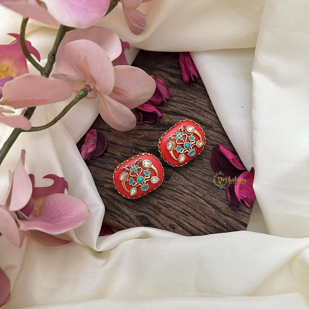 Vriksham Floral & Dual Parrot Natural Jadau Stone Studs-Matt Red-G16107