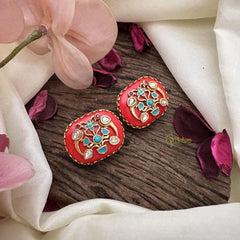 Vriksham Floral & Dual Parrot Natural Jadau Stone Studs-Matt Red-G16107