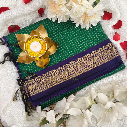 Dark Green With Purple Border-Vairaoosi Podi Kattam-Kalyani Cotton Saree - VS3447