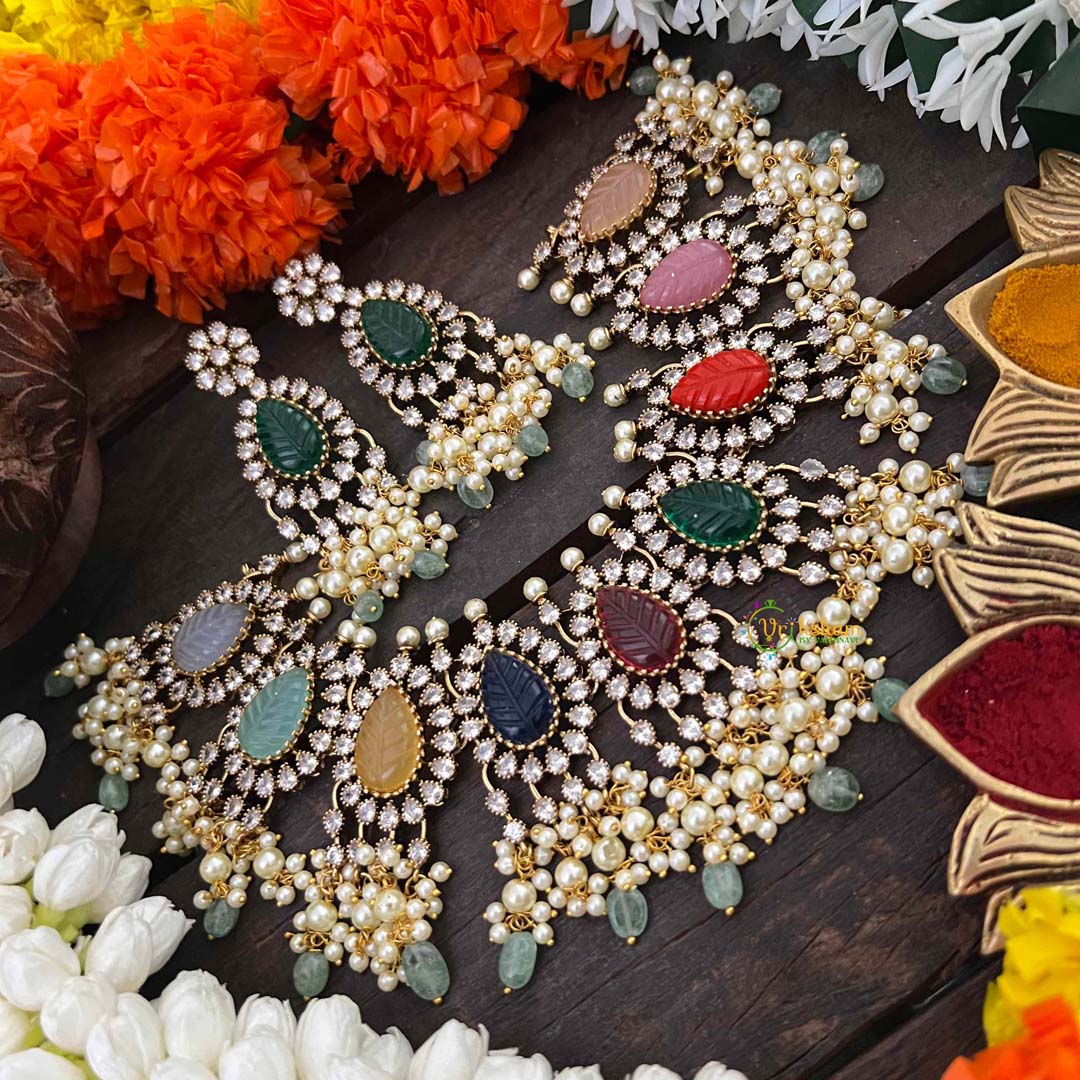 Vriksham Victorian AD Zircon Festive Rainbow Stone & Pearl ,Green Bead Cluster Guttapusalu Short Neckpiece-VV2024