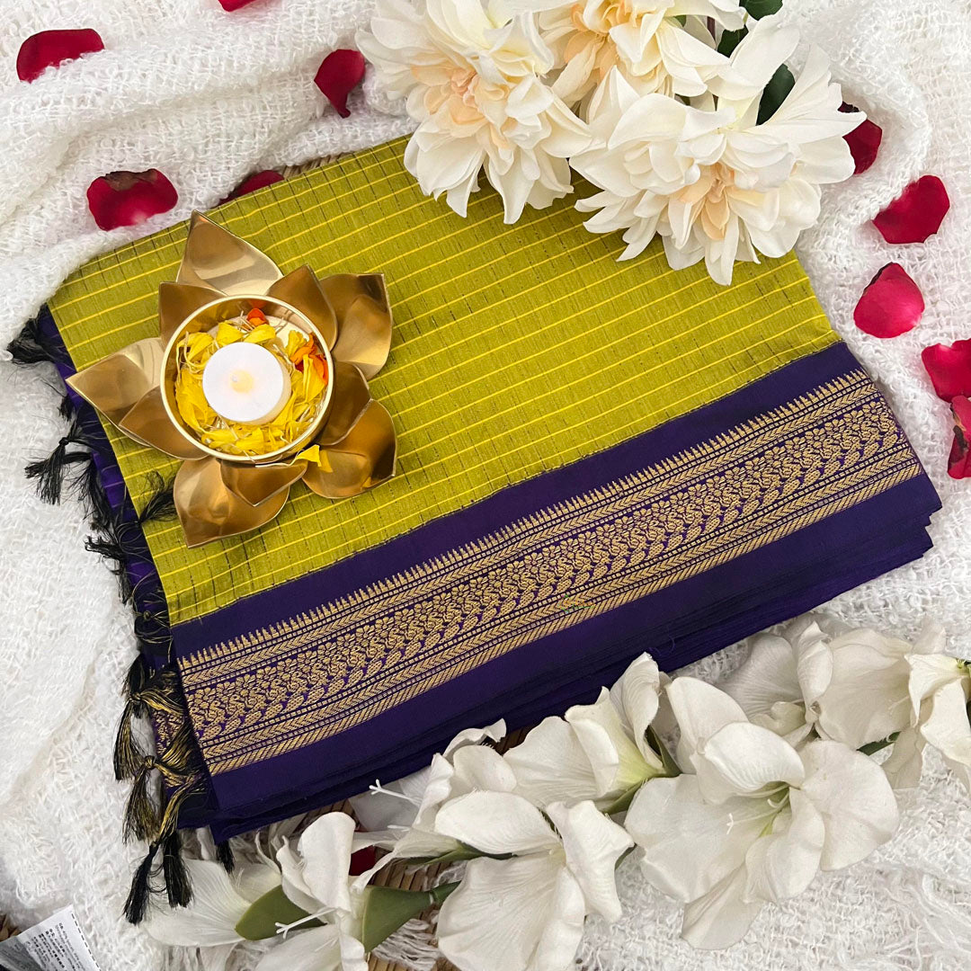 Olive With Purple Border-Vairaoosi Podi Kattam-Kalyani Cotton Saree - VS3448