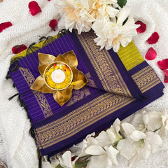 Olive With Purple Border-Vairaoosi Podi Kattam-Kalyani Cotton Saree - VS3448