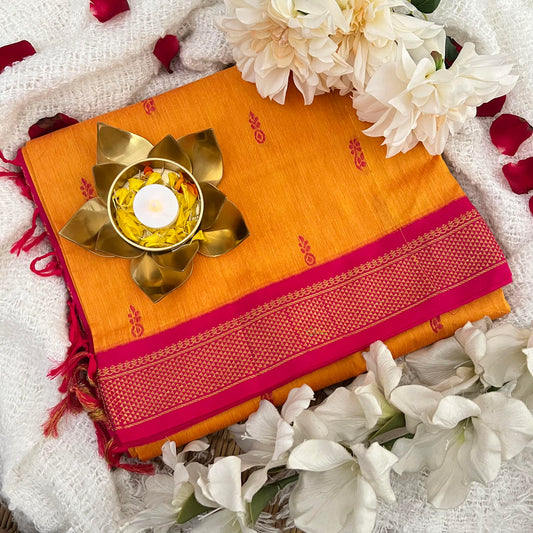 Mango Color With Rani Pink Border- Kalyani Cotton Saree - VS3434