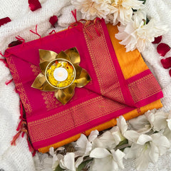 Mango Color With Rani Pink Border- Kalyani Cotton Saree - VS3434