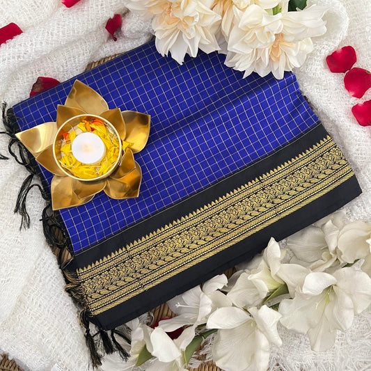 Royal Blue With Black Border-Vairaoosi Podi Kattam- Kalyani Cotton Saree - VS3441