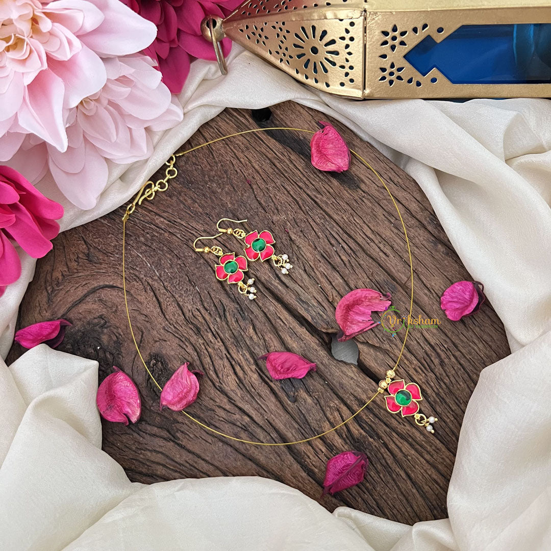 Vriksham Exquisite Floral Pendant Invisible Chain-Red Green-G18416