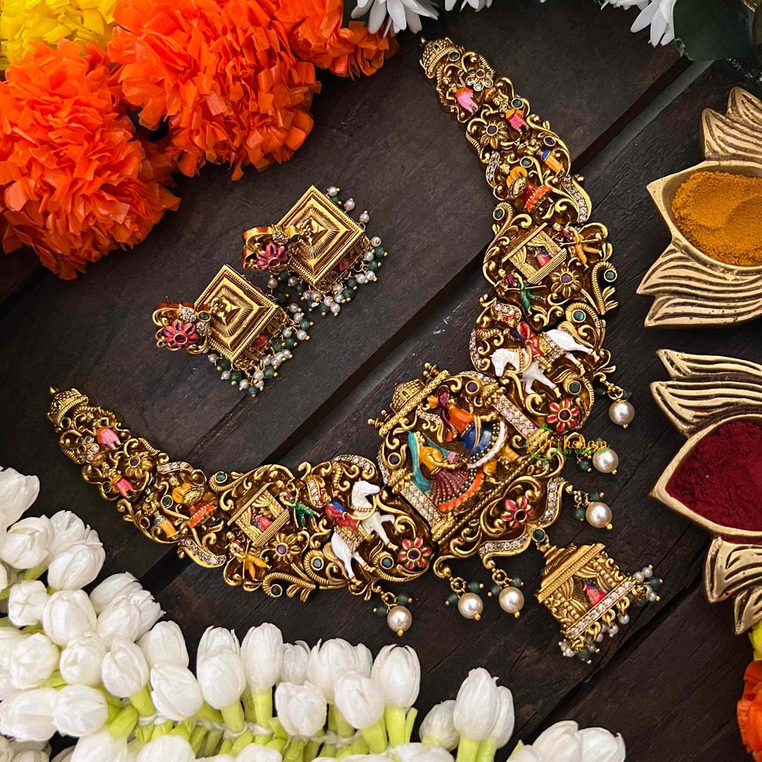 Vriksham Royal Bridal Procession Palki Enamel Short Neckpiece-Green Bead-(First Quality)-G22202