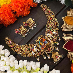 Vriksham Royal Bridal Procession Palki Enamel Short Neckpiece-Green Bead-(First Quality)-G22202