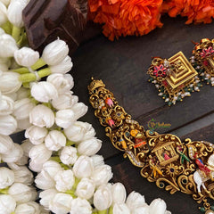 Vriksham Royal Bridal Procession Palki Enamel Short Neckpiece-Green Bead-(First Quality)-G22202