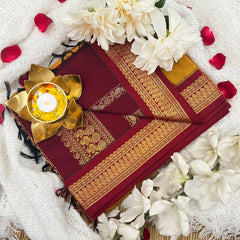 Mustard With Maroon Border- Kalyani Cotton Saree - VS3438