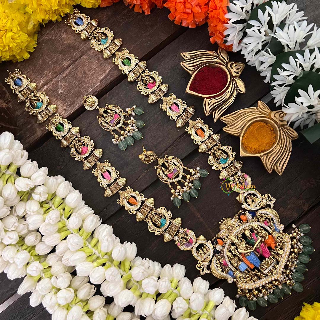 Vriksham Premium Gold Look Lord Vishnu Dashavatara Enamel Temple Haram-Green Bead-(First Quality)-G22201