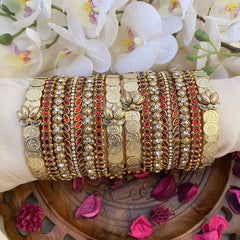 Vriksham Silk Thread Kundan Bridal Bangle Set-Coin-Red-G16239