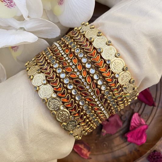 Vriksham Silk Thread Kundan Bridal Bangle Set-Coin-Orange-G16251