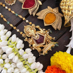 Vriksham  Exquisite Matte Gold Lord Ganesha With Handcrafted Floral Jhumkas & Red Ruby Accents Long Neckpiece-G22204