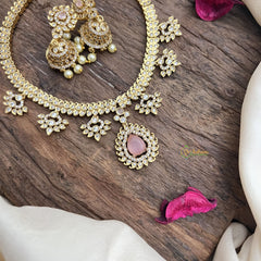 Vriksham Designer Gold Look Alike AD Stone Short Neckpiece-Pastel Pink-G16317