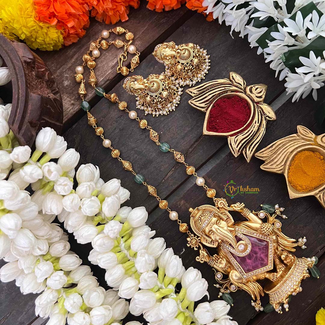 Vriksham Exquisite Matte Gold Lord Ganesha With Handcrafted Floral Jhumkas & Pink Accents Long Neckpiece-G22234