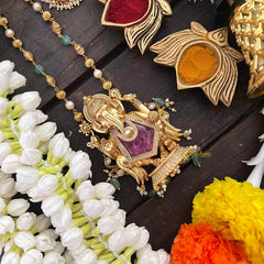 Vriksham Exquisite Matte Gold Lord Ganesha With Handcrafted Floral Jhumkas & Pink Accents Long Neckpiece-G22234