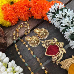 Vriksham Exquisite Matte Gold Lord Ganesha With Handcrafted Floral Jhumkas & Pink Accents Long Neckpiece-G22234