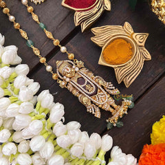 Vriksham Exquisite Matte Tirupati Balaji With Handcrafted Red Ruby Accents Pendant Chain-Aqua Green Bead-G22203