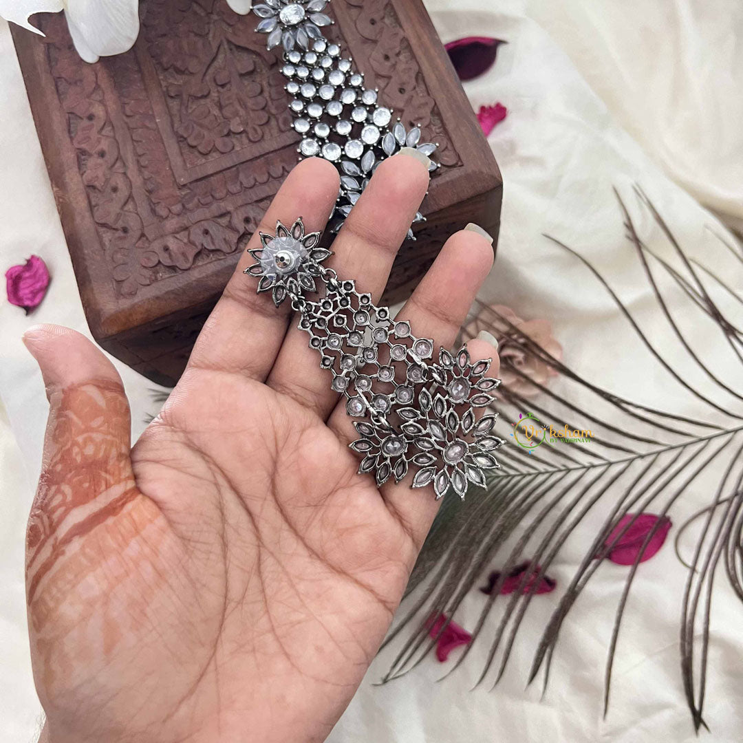 Vriksham Oxidized Silver Long Statement & Floral CZ Danglers Earrings-G20146